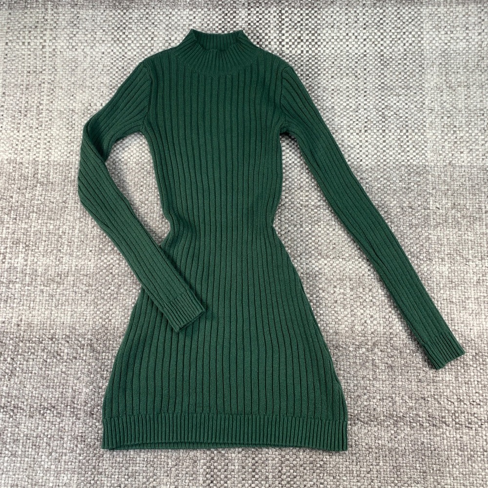 Hollister Sweater Dress Womens XS Green Ribbed Mock Neck Long Sleeve 359S0040